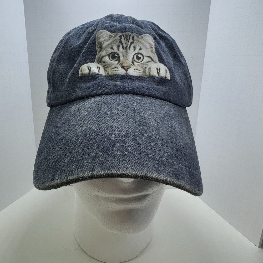 Cat Peeking Hat‎ Faded Denim Blue Baseball Cap Cute Kitty Graphic Pet Lover Mom
